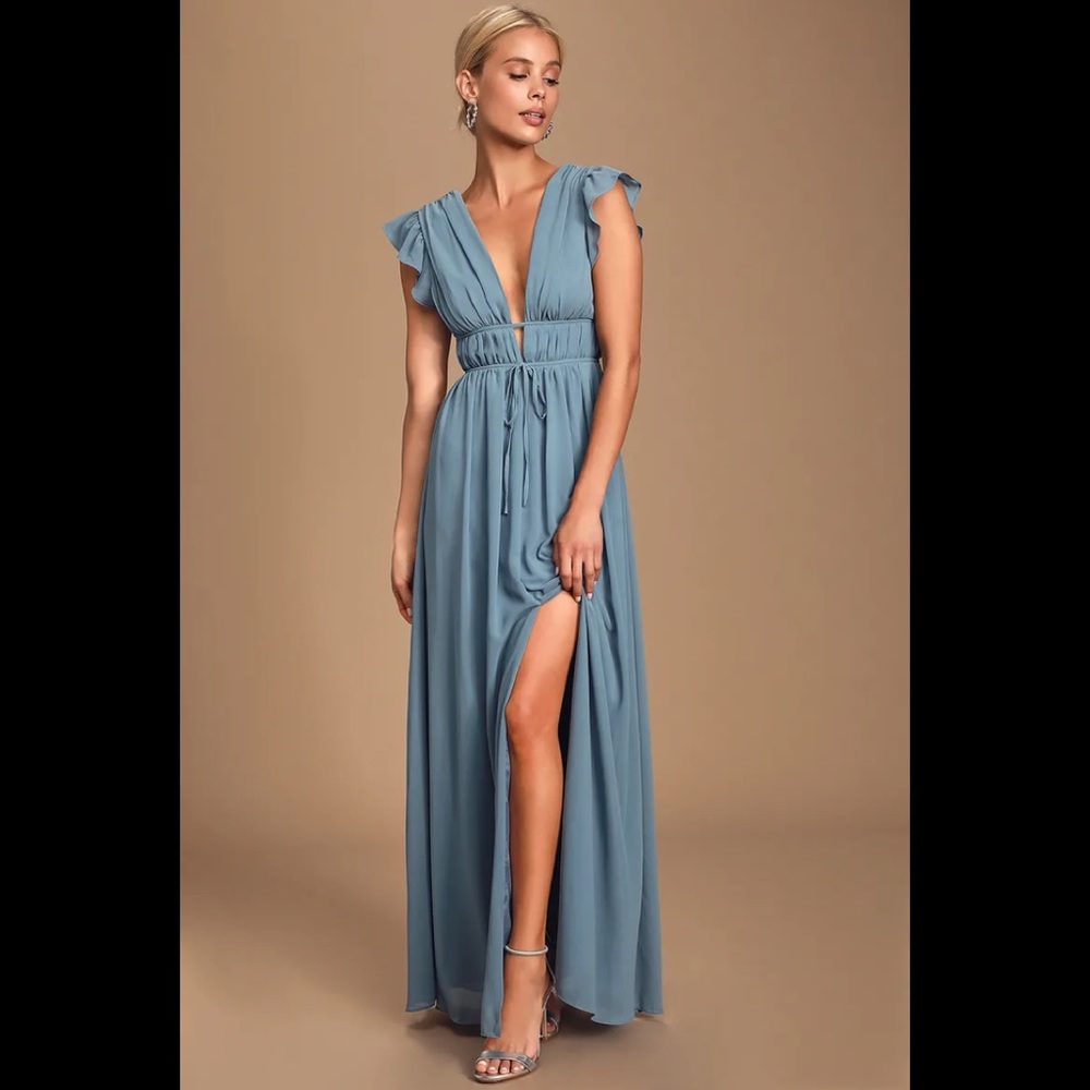 Lulu’s I'm All Yours Slate Blue Ruffled Maxi Dress